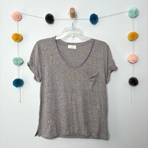 NWOT Anthropologie T. La Gray Rainbow Embroidered Vneck Short Sleeve Tee
